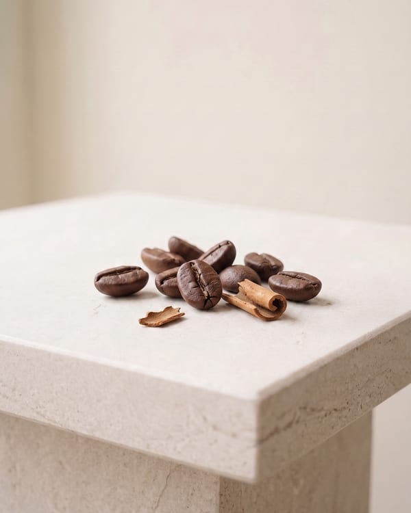 Graos de cafe e canela em rama sobre uma coluna de pedra clara