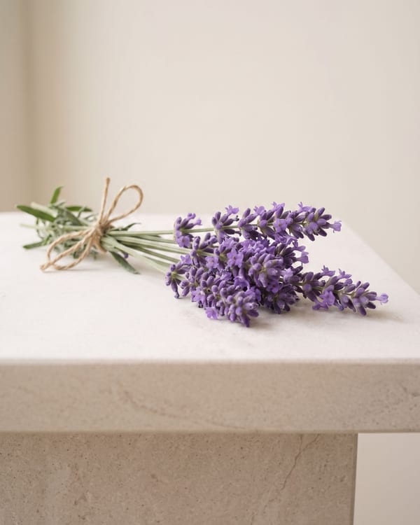 Maço de lavanda amarrado com barbante, sobre uma coluna de pedra clara
